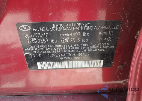 2016 Hyundai Sonata Se from USA, damaged, VIN 5NPE24AF3GH384427